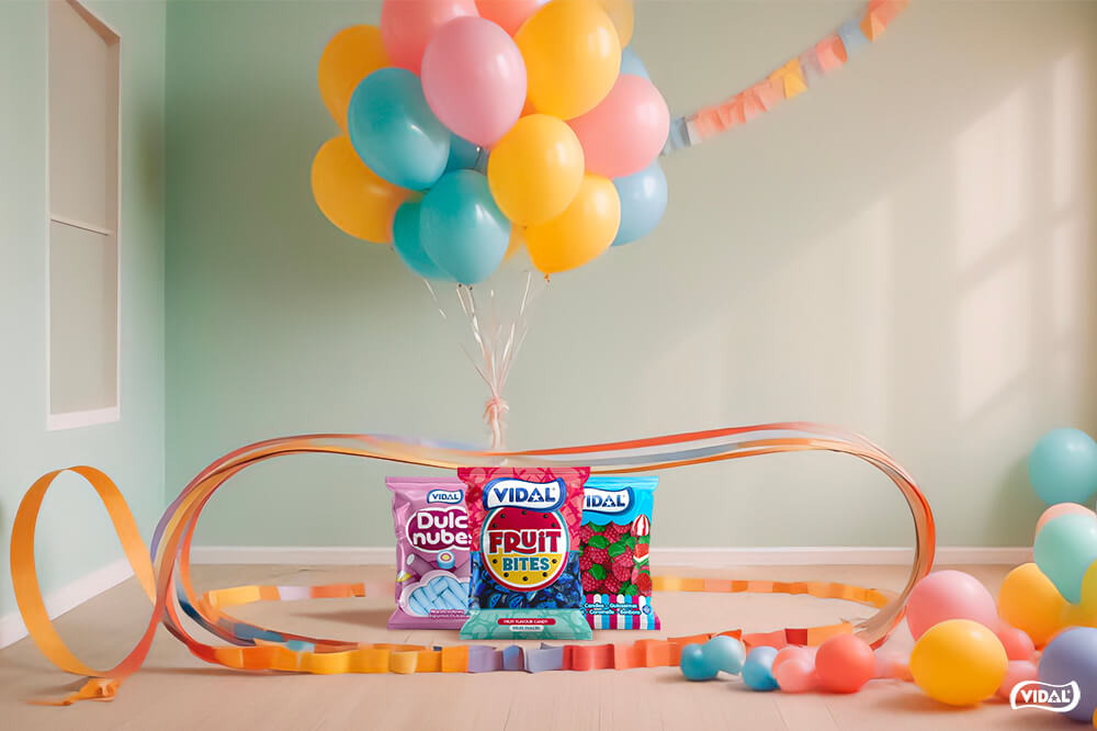 Un circuito hecho con cintas de colores, un globo, una pajita y unas chuches en la meta.